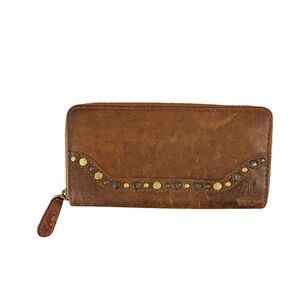 Frye Melissa Studded Zip Around Wallet Brown Distressed Leather Continental